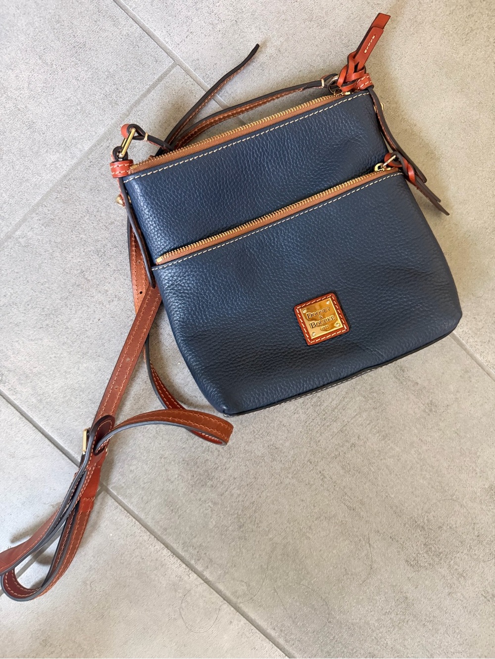 Dooney & Bourke Navy Pebbled Leather Crossbody with Brown Trim